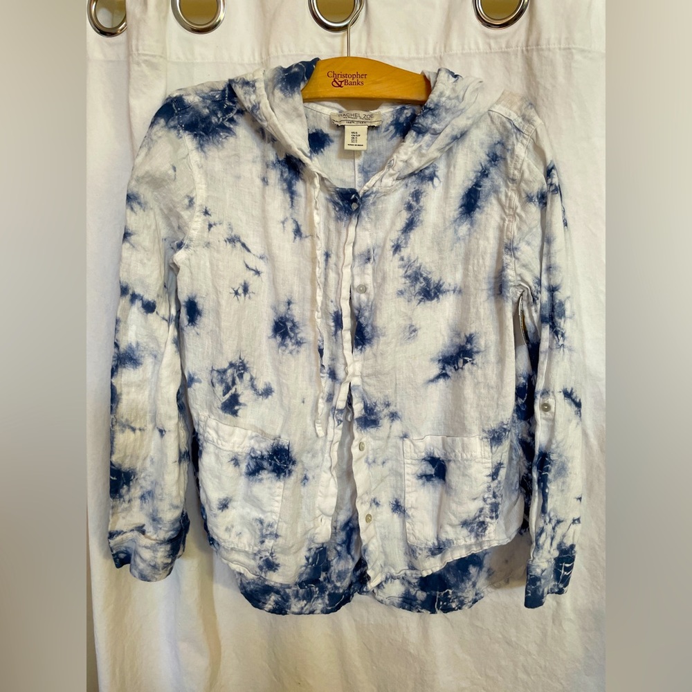 Rachel Zoe Linen Tie Dye Oversized Button Down Hooded Top Size Small Blue EUC